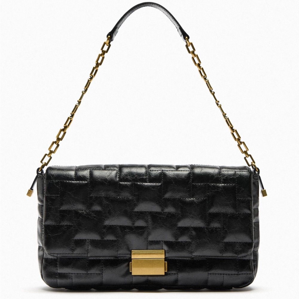 NWT ZARA QUILTED SHOULDER BAG IN BLACK AND GOLD